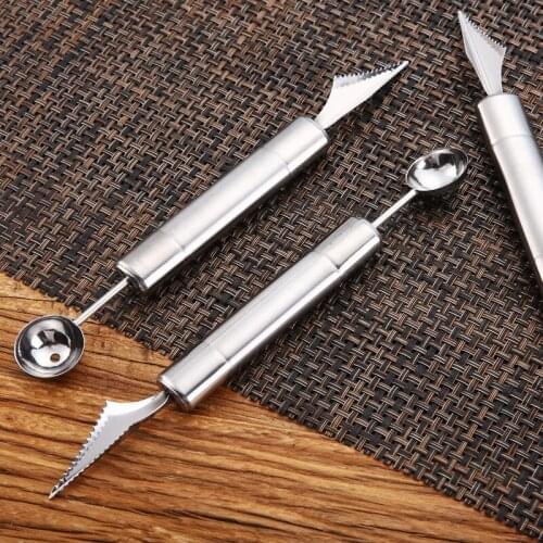 2 in1 Dual-head Fruit Ball Scoop Stainless Steel Carving Knife Melon Digger Fruit Potato Baller Ice Cream Spoon Kitchen Gadgets