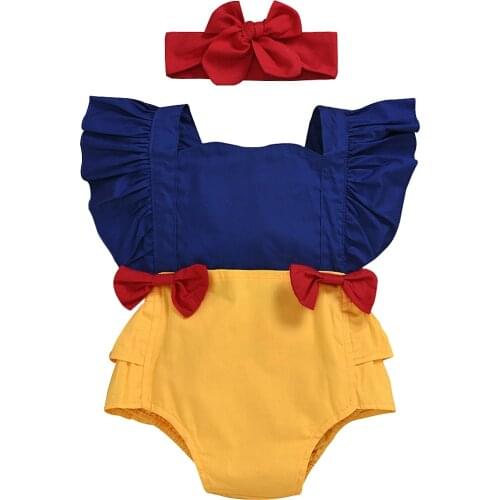 2020 Baby Girls Summer Jumpsuit Snow White Baby Girl 0-24M Clothes Bowknot Romper Sleeveless Backless Jumpsuit Outfits Summer