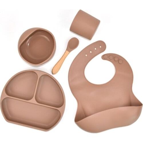 5 Pcs Baby Bib+Suction Bowl+Divided Dinner Plate+Spoon+Cup Set Waterproof Food Grade Silicone Training Feeding Dish Utensil Kit