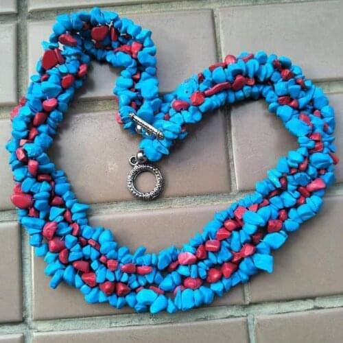 Free Shipping Women Fashion Jewelry Natural Red Sea Coral Blue Howlite Chip Beads Nylon Line Weave Necklace 18" G1364