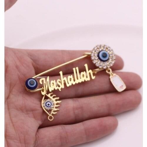 Fashion Islam Muslim Mashallah Turkish Evil Eye Stainless Steel Brooch Baby Feeder Pin Jewelry