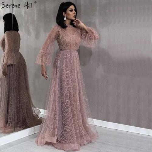Black Peach Pearls Beach Tulle Prom Dresses 2020 Long Sleeves Sexy Prom Gowns Design Serene Hill Plus Size BLA60835