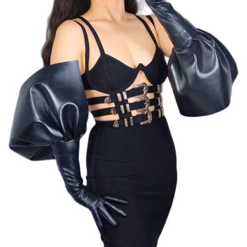 Long Leather Gloves Female 70cm Oversized Flying Edge Lace Sleeves Angel Wings Black Faux Imitation Leather Touch Screen WPU314