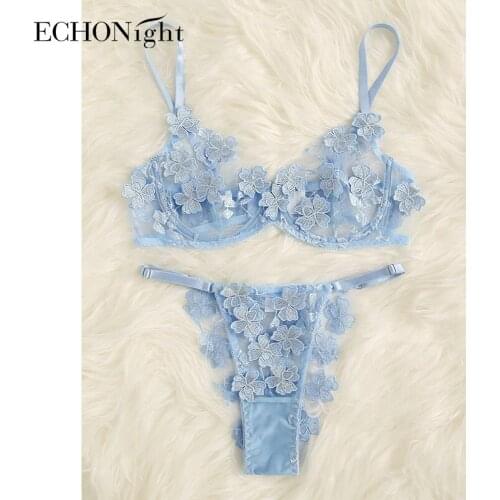 Echonight Aqqlique Womens Underwear Floral Lingerie Set Underwear Set Sensual Lingerie Women Lace Transparent Exotic Apparel