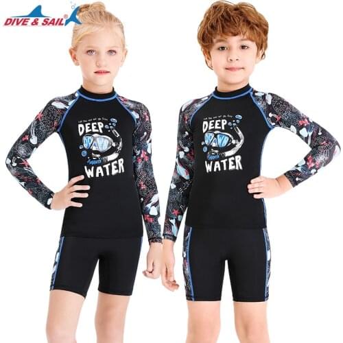 Boys Girls Two Piece Rash Guard Swimsuits Kids Long Sleeve UV Sun Protection Sunsuit Swimwear Sets UPF50+ Dive Skin Bathing Suit