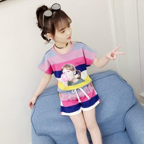 Girl Summer Sets Childrens Cotton O-Neck Lovely Bubble Gum Girl Rainbow Print Tops& Shorts Clothing Sets Child Clothes For Girl
