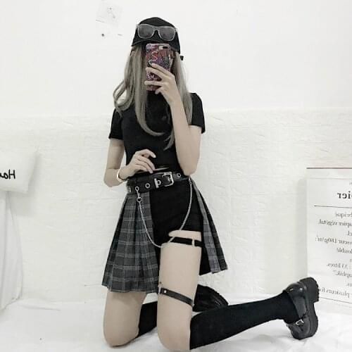 Sweet Womens Set: Black Short T-Shirt/Black Mini Shorts/Plaid Mini Skirt Summer Women Fashion Girl Minimalist Cool