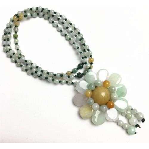 Natural AAA Jadeite Sun Flower Pendant Beads Necklace Handmade Jadeite Craft Sweater Chain Trendy Female Accessories Wholesale
