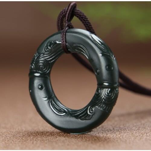 Natural A hetian jade handcarving round jade fish black green jade jade pendant unique design jadeite jade necklace men jewelry