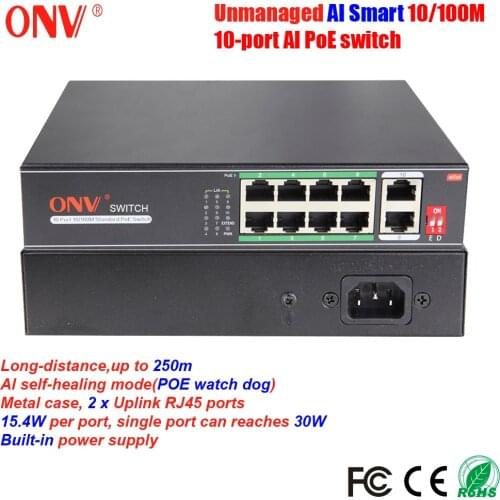 ONV Unmanaged AI Smart PoE Switch 10/100M 10-port 802.3af/at VLAN 250m Transmission AI Self-healing Watch Dog for POE Camera