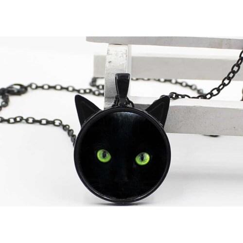 Wholesale Green Eyes Black Cat Necklace Cat Ear Pendant Jewelry Glass Necklace Boy Girl Gift Jewelry