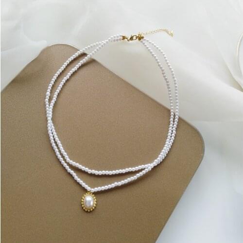 Fashion Jewelry Necklace Delicate Simulated Small Pearls Two Layer Oval Pendant Short Necklace Women Jewelry Girl Student Gifts