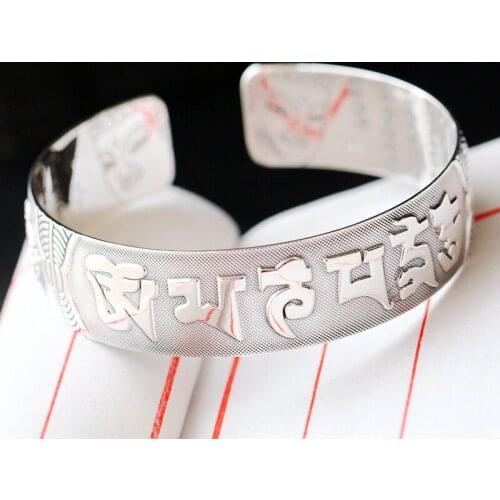 Retro Silver Jewelry Wholesale S990 Sterling Silver Bangle Guan Yin Bodhisattva Six-character Heart Drop Bangle