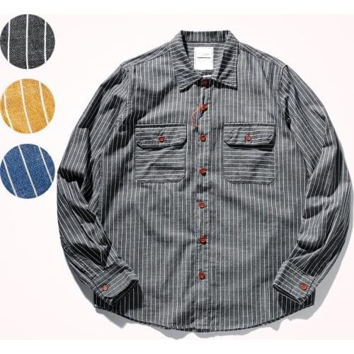 2021 Spring New Striped Shirt Mens Japanese Fashion Long Sleeve Retro Pure Cotton Washed Old Multi Pocket Cargo Casual Shirt