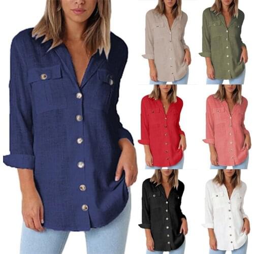 S-2XL chiffon ladies tops turn-down collar pocket shirt autumn spring casual leisure women tops