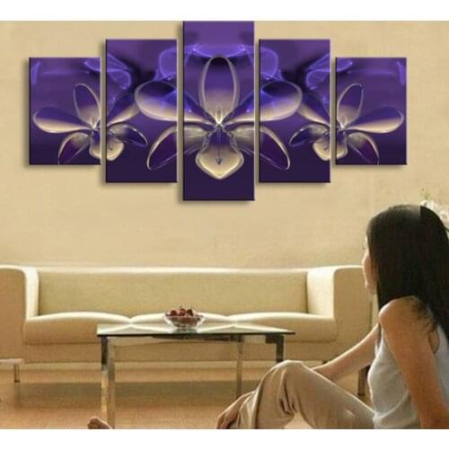 Modern Canvas Painting Frame Pictures 5 Panel Mysterious Purple Flowers HD Print Wall Art Modular Poster Home Decor Living Room
