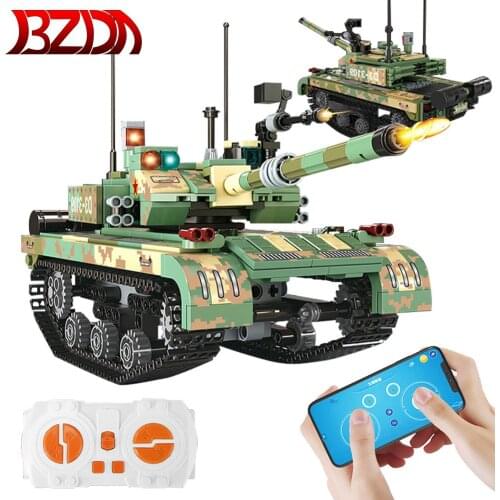 BZDA City RC Tank Model Building Blocks Military High Tech APP Remote Control Electric Tank Bricks Education Toys for Boys
