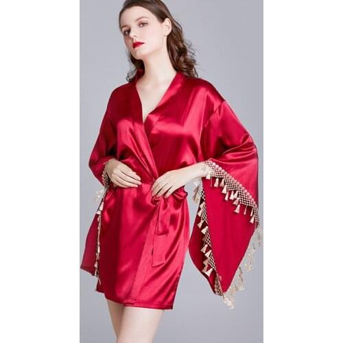 Wasteheart New Red Luxury Fashion Sleepwear Faux Silk Sashes Loose Nightwear Sexy Mini Robes Bathrobe Pajama Sashes