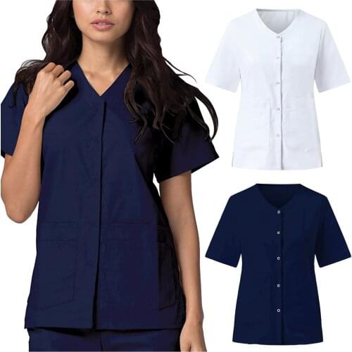 Women Nurse Uniform Short Sleeve V-neck Fashion Solid Color Tops Nursing Working Uniform Shirt Summer Clinic Protective Clothing