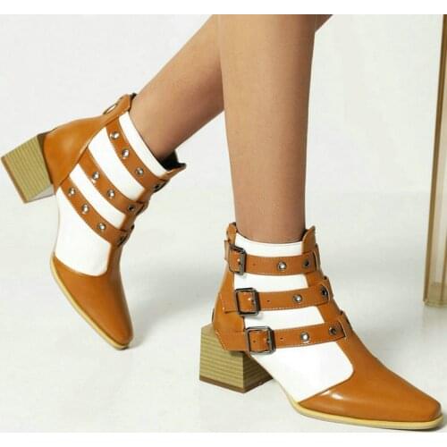 Black Yellow Blue Women Ankle Boots Mixed Color Square Toe Ladies Short Boots PU Leather Buckle Women Thick Heel Shoes Big Size