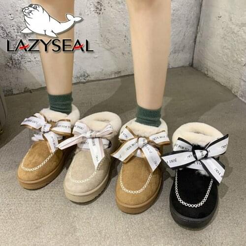 LazySeal Plush Warm Winter Snow Boot Shoes Women Furry Shoes Flat Heel Riband Ankle Boots Waterproof Booties Botas Mujer