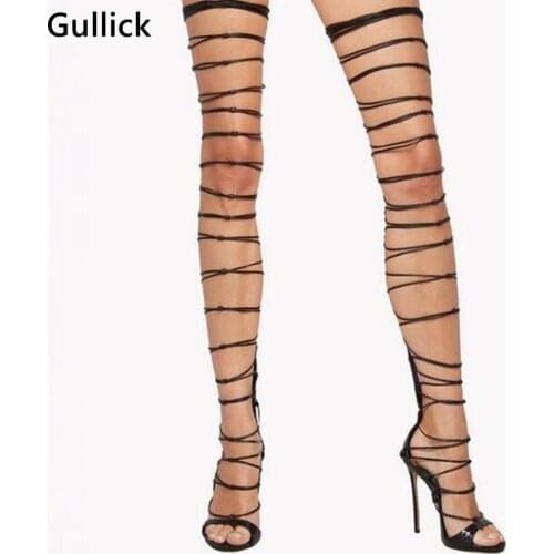Women Faux Snakeskin Print Leather Gladiator Sandals Boots Over The Knee Thigh High Boots Bandage Heels Pumps Woman Size 10