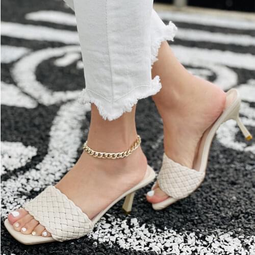 2021 Women Square Toe Slippers Woman Weave High Heels Female Outdoor Shoes Ladies Comfort Pumps Summer Womens Fashion Footwear