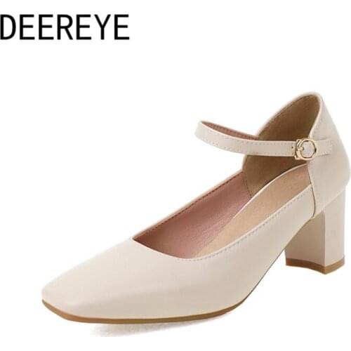 Fashion Designer Ankle Strap Round Buckle 6cm Chunky Low Heels Beige White Black Womens Pump Pointed Toe Shoes 2021 Size 33-45