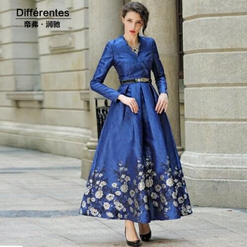 Spring Jacquard Runway Long Dress Navy V Neck Women Evening Full Length Gorgeous Floral Long Dress SS5837