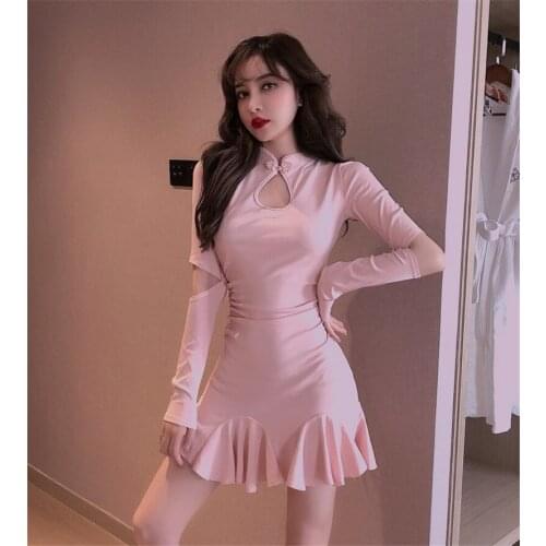 Women Sexy Mini Dress Hollow Out Bodycon Mermaid Dress Elegant Ruffled Black Pink Nightclub Dress Long Sleeve Cheongsam Dress