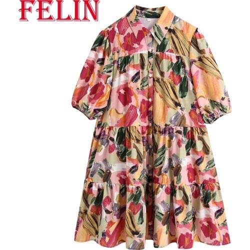 Za Beach Graffiti Print Shirt Dress Women Summer Short Sleeve Ruffles Boho Mini Dress Loose Oversized Vintage Mujer Vestidos