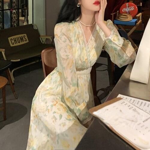 Vintage Floral Print Maxi Dresses for Women Party Korean V Neck Sweet Long Dress Prairie Chic Long Sleeve Vestido Autumn 2021