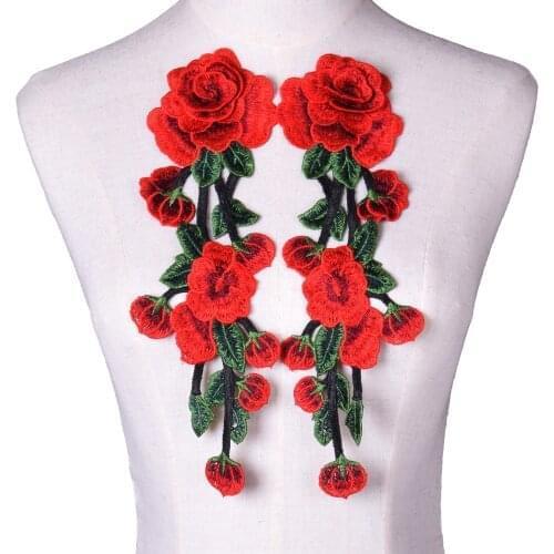 1 Pair Red Flower Collar Sew on Patch Applique Badge Embroidered Lace Dress Cheongsam Clothes Decor DIY Accessories