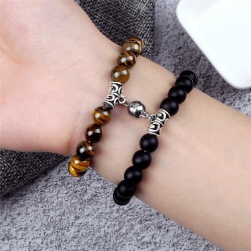2Pcs/Set Couple Bracelets Natural Tiger Eye Lava Weathered Stone Beads Round Magnet Bracelet For Lovers Men Women Jewelry Gifts