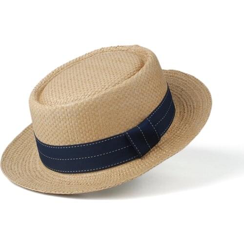 2019 100% Straw Women Men Sun Hat Summer Pork Pie Hat Sunbonnet Hat Lady Flat Boater Beach Panama Sunhat Beach Hat Size 57-60cm