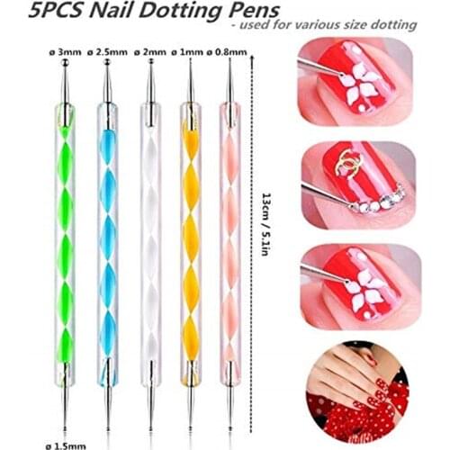5pcs Nail Art Dotting Pens Nail 2 Ways Tip Dot Paint Point Professional Nail Tools Kit Dot Marbleizing Painting Drawing Polish
