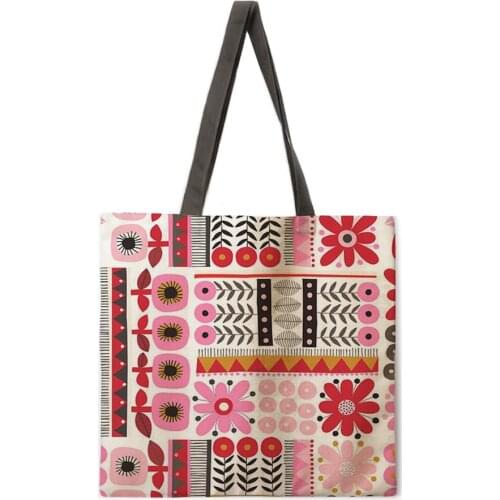 American decorative flower linen shopping bag ladies shoulder bag foldable shopping bag beach tote bag