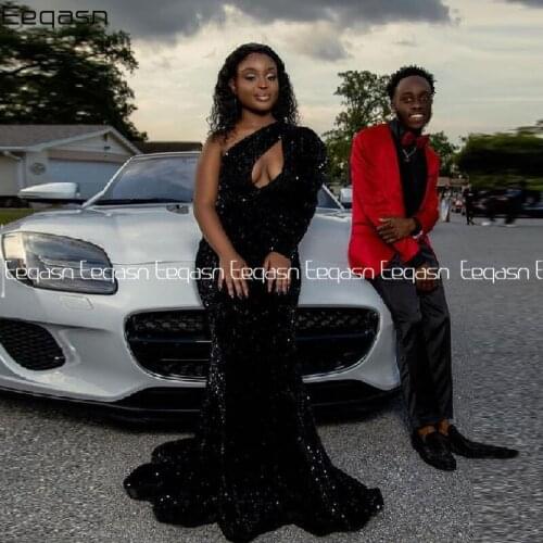 Glitter Black Mermaid One Shoulder Prom Dresses with Sleeve Plus Size Evening Gowns Black Girls Graduation Birthday Party Gowns