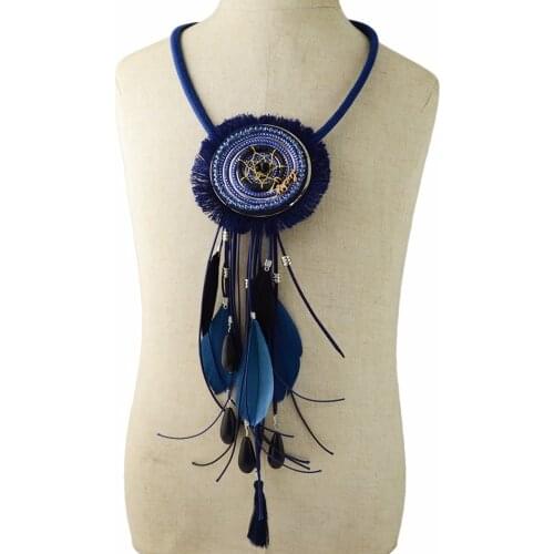 Handmade Bohemian Dream Catcher Charm Necklace Feather Stone Boho Statement Tassel Pendant Choker Necklace For Women 2017