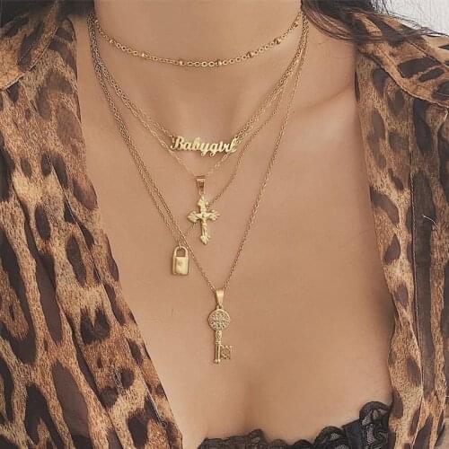 Bohemian Gold Color Lock Key Letter Pendant Necklace for Women Multi Layered Choker Chain Long Necklace Femme Jewelry Gifts