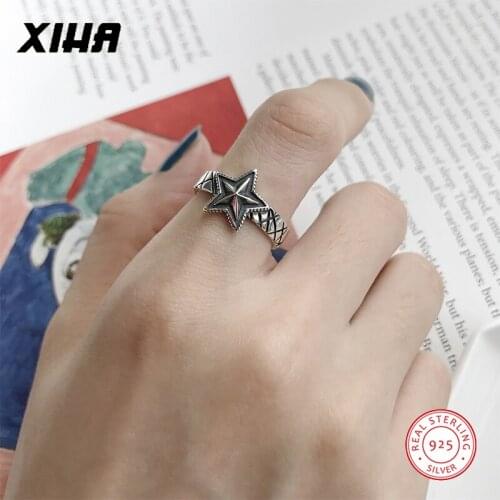 Black Star 925 Sterling Silver Pentagram Ring for Women Adjustable Antique Thai Silver Cool Ring Finger Band Minimalist Ring