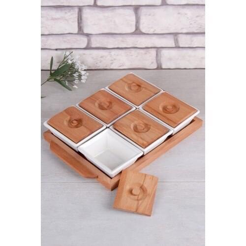 Queens Kitchen Wood Tray Porcelain 6'lı Lux Breakfast
