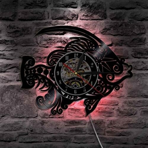 Mechanical Fish Vinyl Record Wall Clock With LED illumination Modern Wall Lamp Fisherman Decorative Lighting Watch Gift For Him