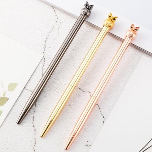 Kawaii Rose Gold Metal Owl Ballpoint Pen Creative Luxury Brand Writing Handle Pens for Girl Gift Nice Office Stationery Supplies