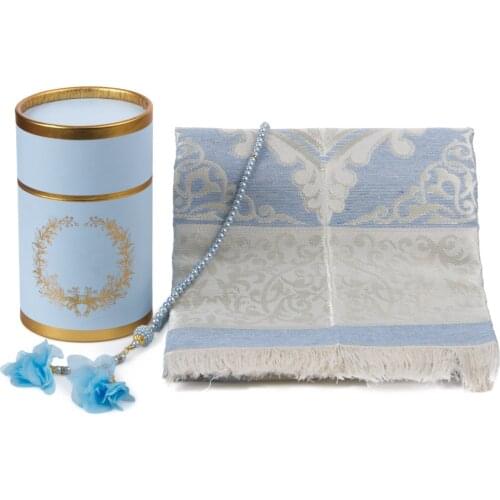 Dolmabahe Prayer Rug & Rosary Set Blue For Muslims Quran Islamic