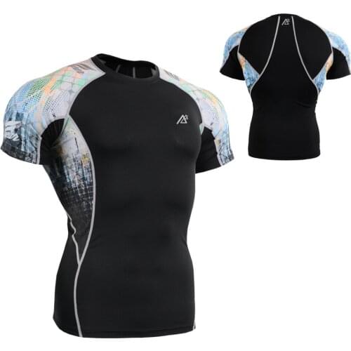 Men`s Short Sleeve Second Skin Compression Shirts Quick Dry Fitness Running Tops Tees Technical Graphics on Sleeves and Sides