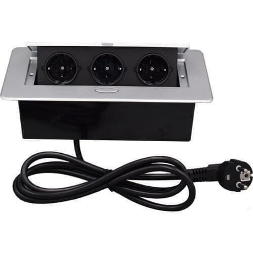 Desktop Socket Table Outlet with 3 EU FR DE 2 USB Chargers for Conference Meeting Room Silver Power with Power Cord