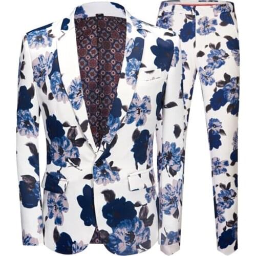 New printed men’s suit blue flower ternos masculino luxo emcee nightclub singer performance costumes abrigo пиджак оверсайз