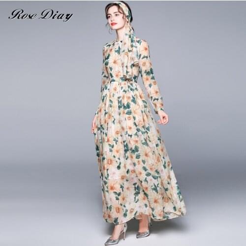 Unway Holiday Maxi Dresses 2021 Summer Women Long Sleeve Floral Print Sashes Pleated Boho Chiffon Long Dresses With Scarf
