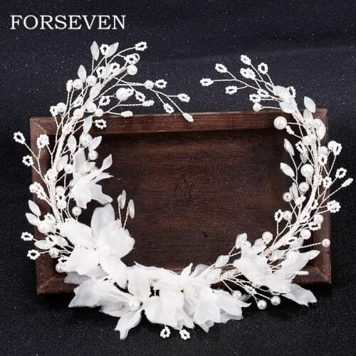 White Flower Hairband Bride Tiara Wedding Headband Hair Vine Pearl Rhinestone Tiaras and Brides Headpieces Wedding Hair Jewelry